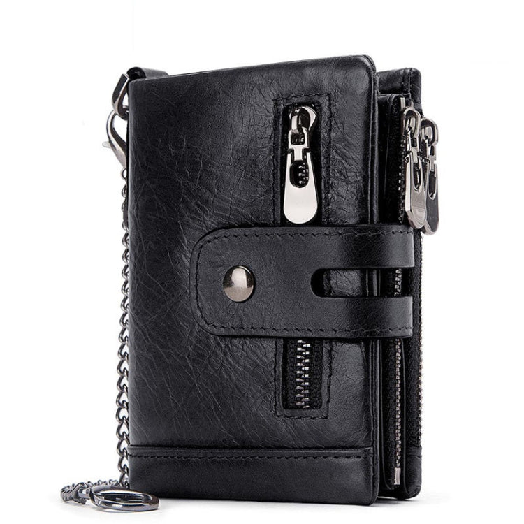 Black tri-fold leather wallet with chain strap, front belt tab, and front zipper pocket