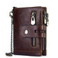 Brown tri-fold leather wallet with chain strap, front buckle tab, and zipper pocket