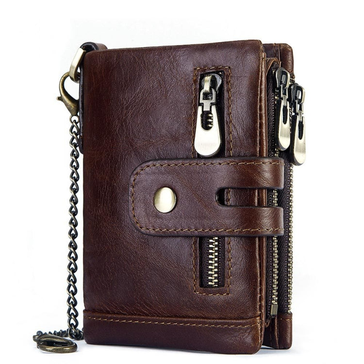 Brown tri-fold leather wallet with chain strap, front buckle tab, and zipper pocket