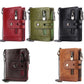 Multi-color tri-fold leather wallets shown: red, green, black, brown with chain straps