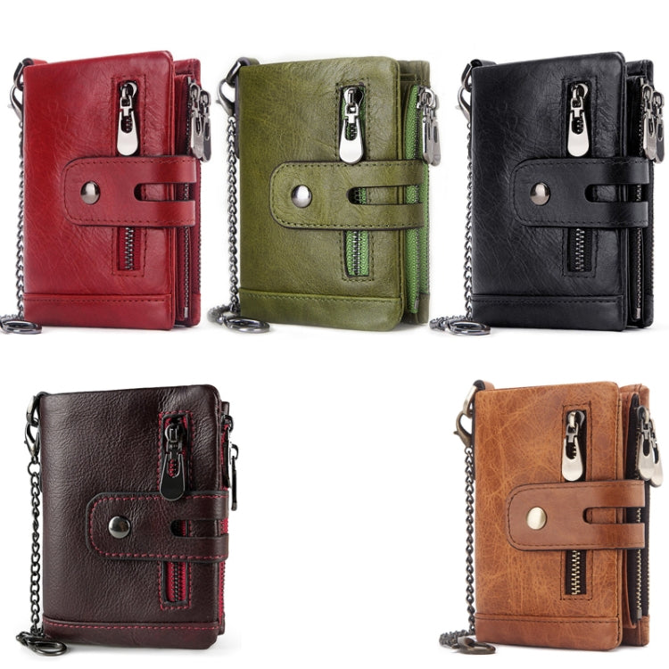 Multi-color tri-fold leather wallets shown: red, green, black, brown with chain straps