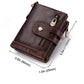 Brown leather tri-fold wallet with chain strap, front snap tab, and zipper closure