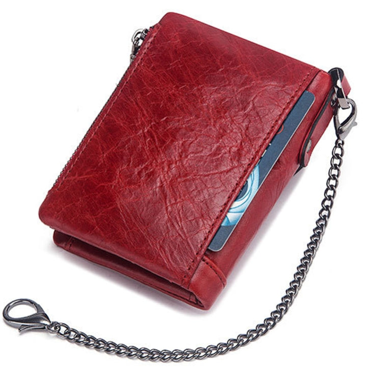 Red leather wallet with card slot window, chain strap, and zipper side pocket