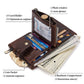 Brown leather tri-fold wallet opened to show card slots, coin pocket, and bill compartment