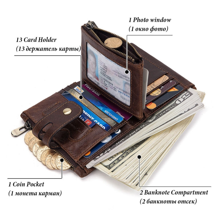 Brown leather tri-fold wallet opened to show card slots, coin pocket, and bill compartment