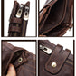 Brown leather wallet detail view: zipper track and card-slot interior stitching