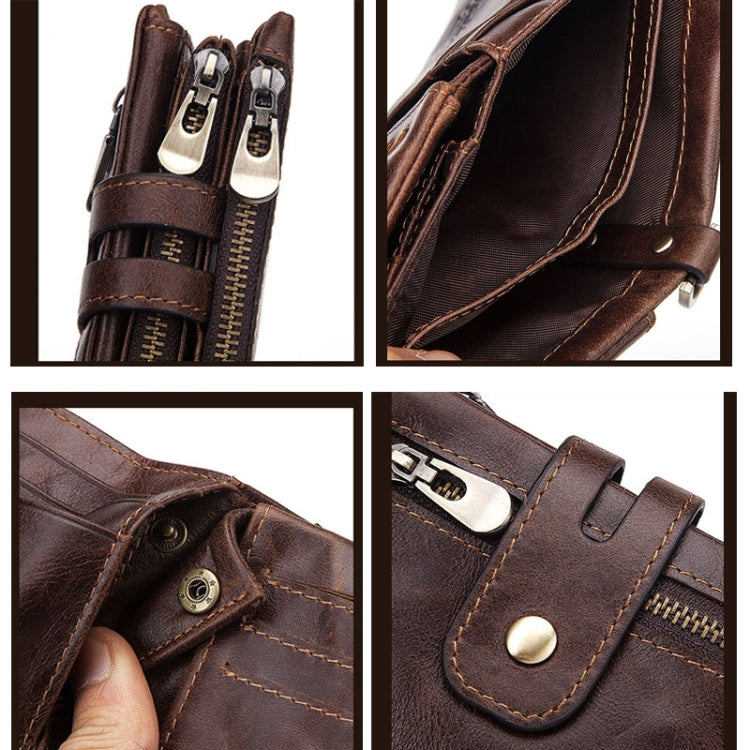 Brown leather wallet detail view: zipper track and card-slot interior stitching