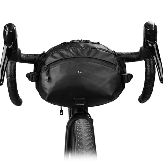 Black front handlebar riding bag with dual side straps and front zip pocket