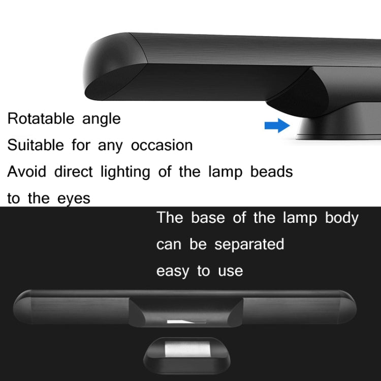 Black LED desk lamp with rotatable head and separable base detail