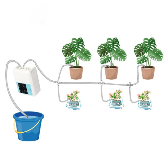 Solar plant watering system with controller, tubing, three potted plants, and blue bucket.