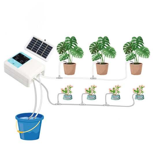 Solar plant watering kit with solar panel, controller, tubing, three potted plants, and blue bucket.