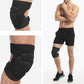 Black knee pads with padded oval shock-absorbing shields and elastic leg straps.