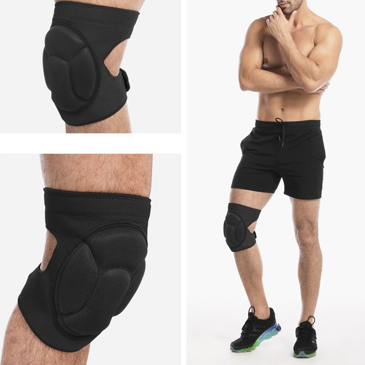 Black knee pads with padded oval shock-absorbing shields and elastic leg straps.