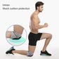 Gray knee pads on a kneeling athlete’s legs with elastic straps visible at the back.