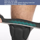 Close-up of a black knee pad strap with teal wavy grip trim along the edge.