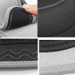 Knee pad material close-up: gray and black textured fabric with elastic stitching.