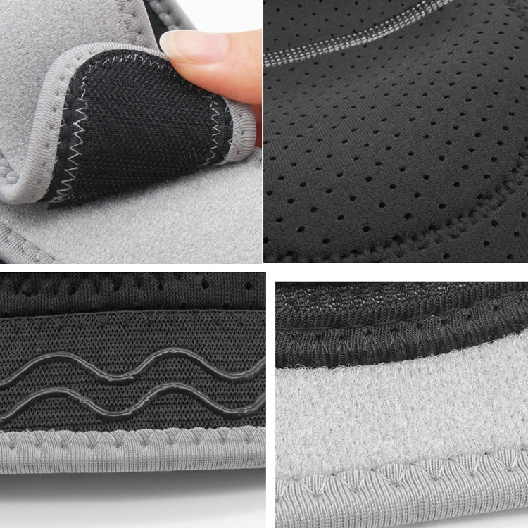 Knee pad material close-up: gray and black textured fabric with elastic stitching.