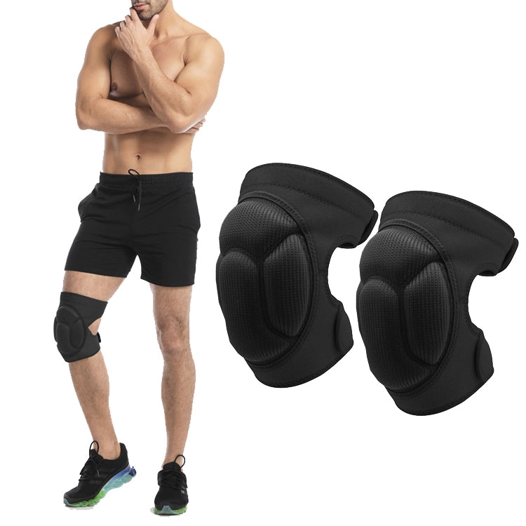 Pair of black knee pads worn on a runner’s knees with elastic ankle-length straps.