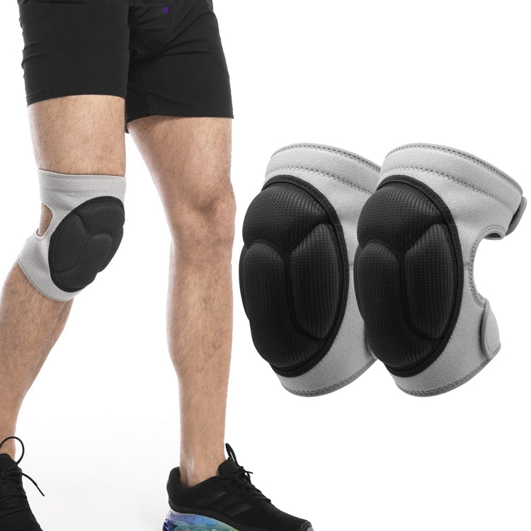Gray knee pads with black oval shock-absorbing shields and padded elastic cuffs.