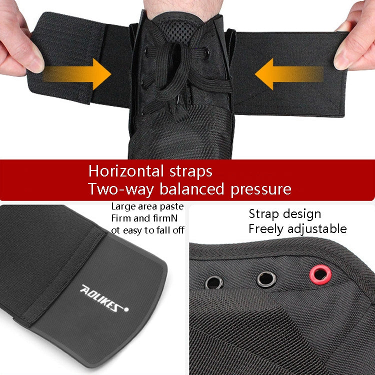 Black ankle brace with adjustable horizontal straps and front buckle lacing area