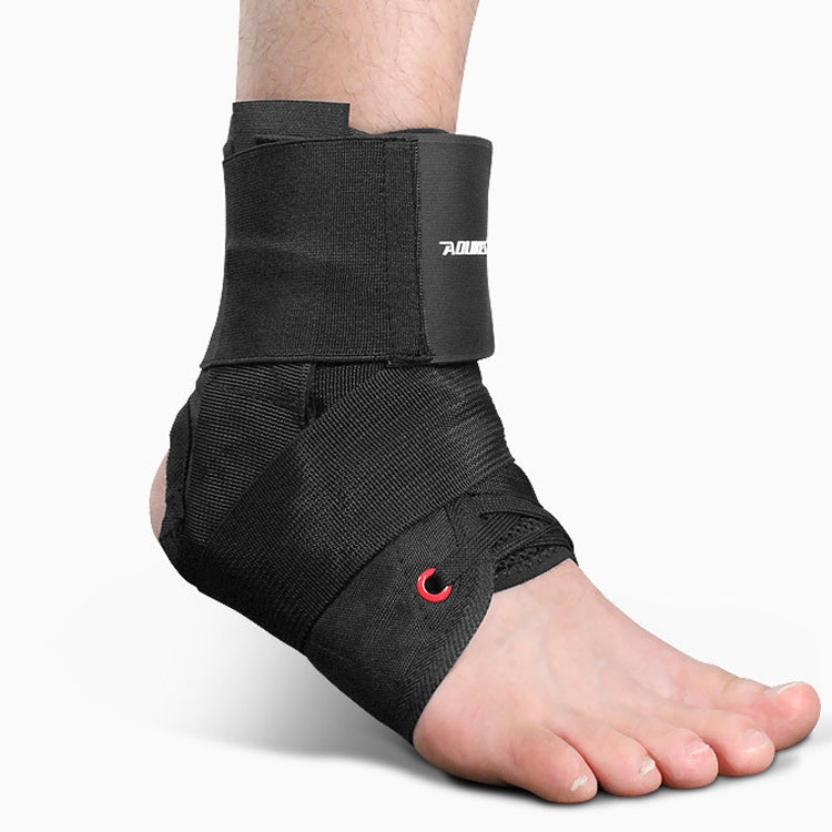 Black ankle support wrap with wide top cuff and red hook logo at ankle