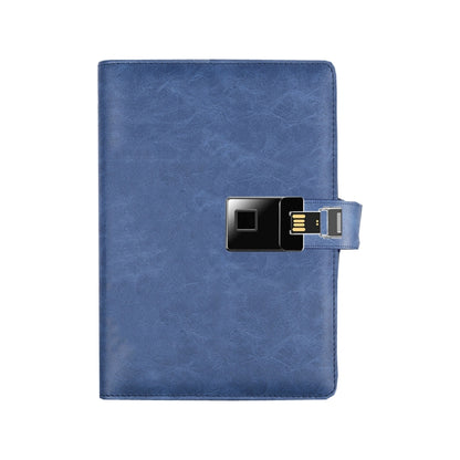 A5 fingerprint-lock notebook with blue faux-leather cover and metal lock module
