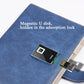 Blue fingerprint-lock notebook detail showing U disk module on the cover