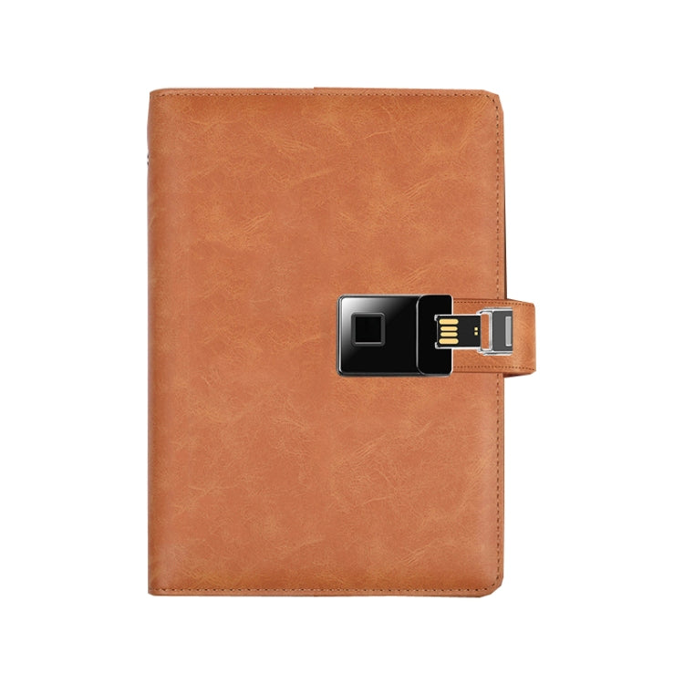 A5 fingerprint-lock notebook with brown faux-leather cover and metal security lock