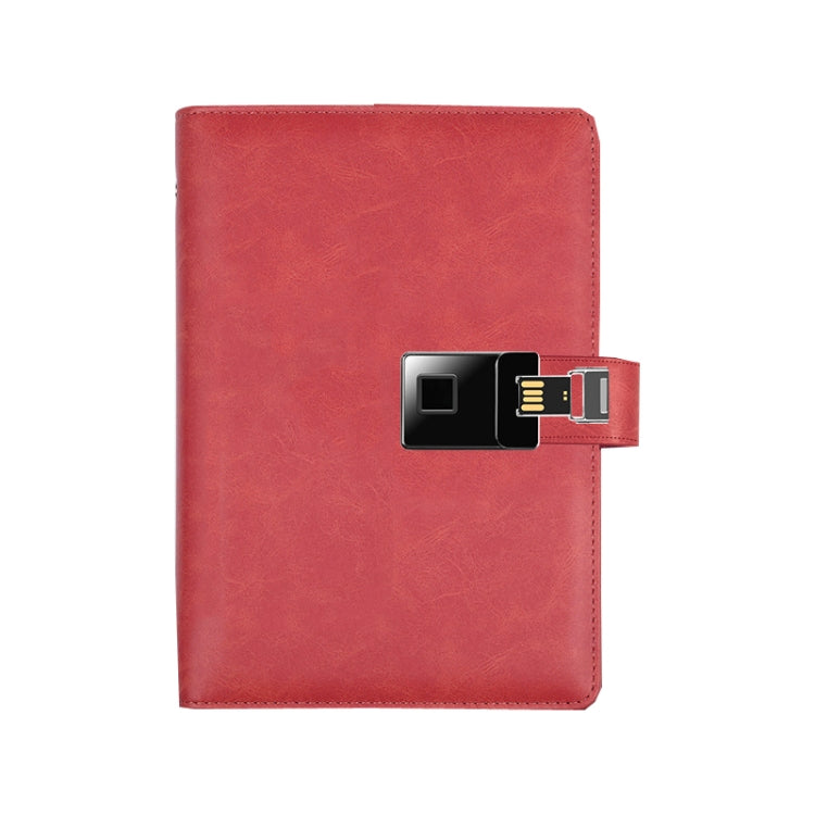 A5 fingerprint-lock notebook with red faux-leather cover and metal lock module