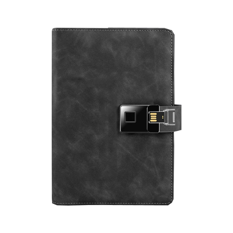 A5 fingerprint-lock notebook with dark gray cover and metal lock module on clasp