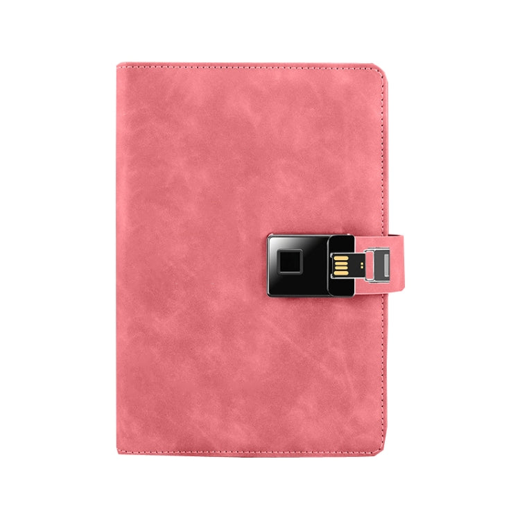 Fingerprint-lock A5 notebook with built-in USB key, pink leather cover