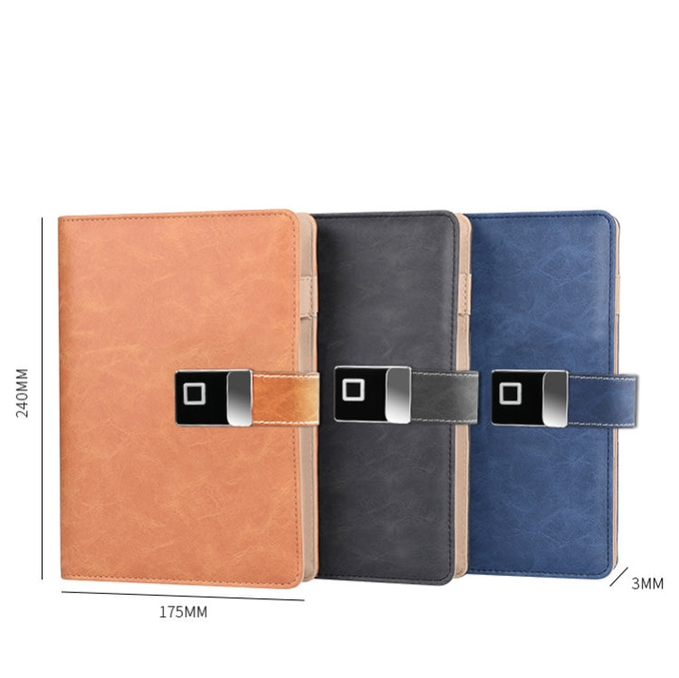 A5 fingerprint locking notebook set: tan, black, and blue covers with front fingerprint lock