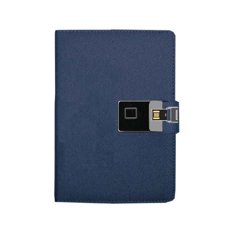 A5 fingerprint locking notebook with dark blue cover and embedded fingerprint/USB slot
