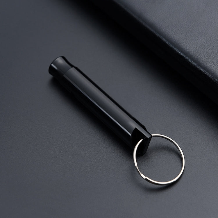 Black metal whistle keychain with split keyring loop