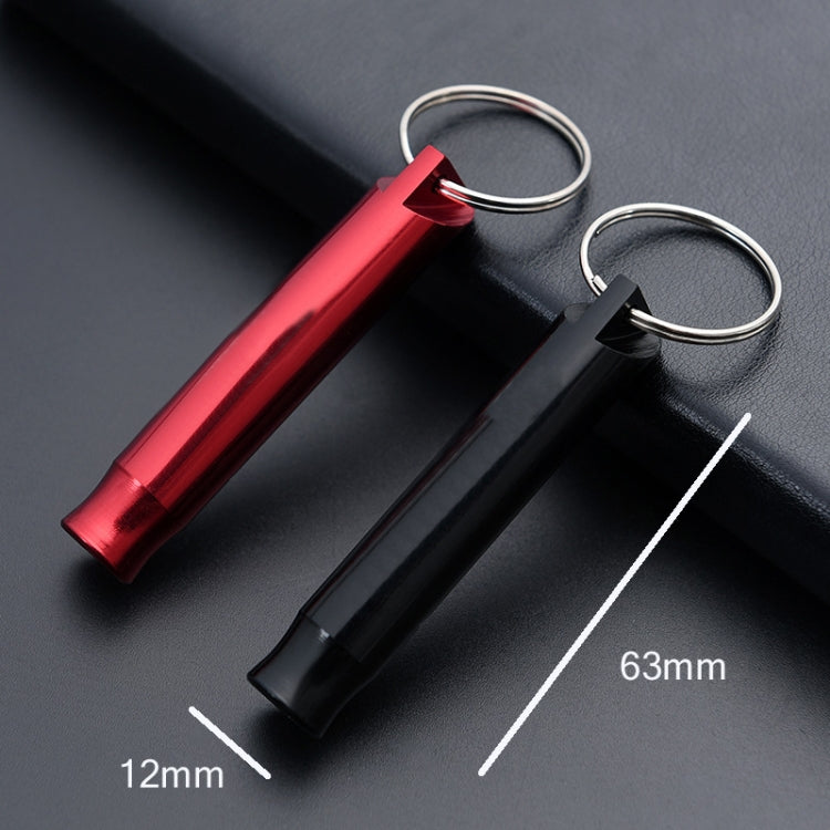Red and black whistle keychains with keyrings, size marks 12mm/63mm