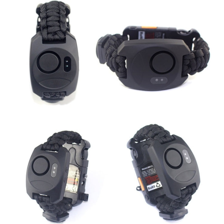 Dark gray alarm watch bracelet, braided black strap, side and back views