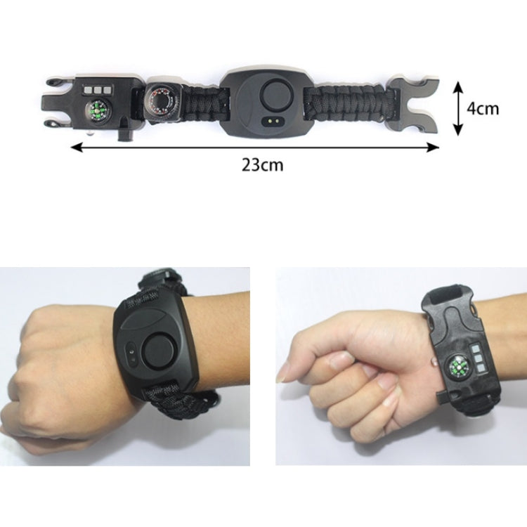 Black braided rope survival bracelet watch with round dial and side buttons