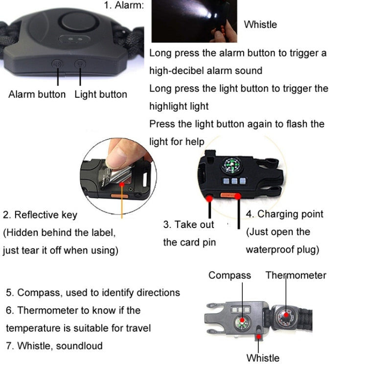 Alarm and light buttons on dark gray survival watch bracelet with whistle opening