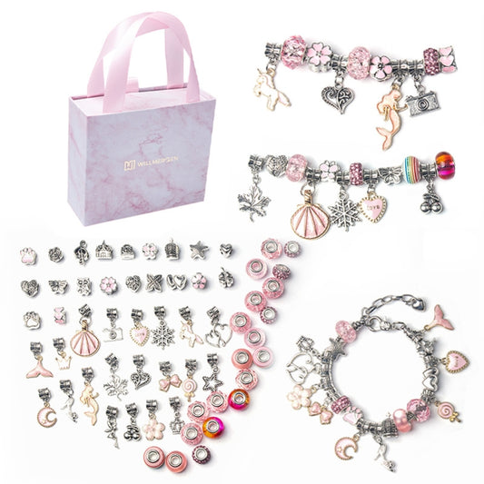 Kids charm bracelet set with pink beads and mixed silver-toned cartoon charms