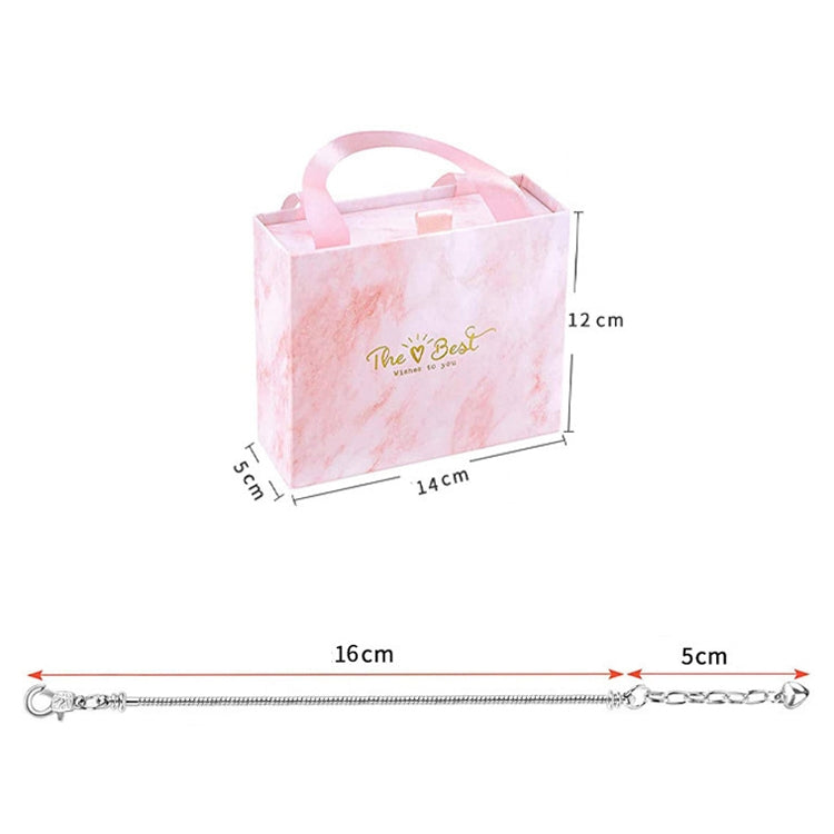 Pink DIY charm bracelet kit box and measuring layout, includes bracelet and chain