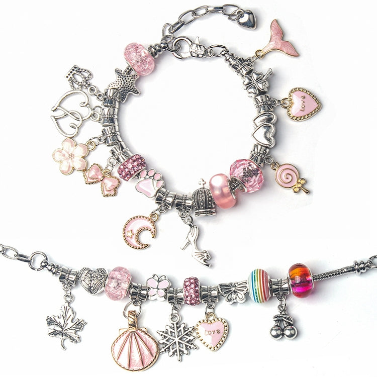 Finished kids charm bracelets with pink beads and silver-toned star, heart, and animal charms