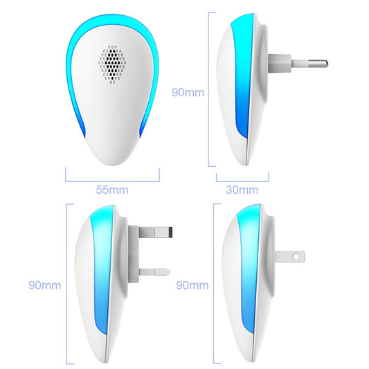 Plug-in ultrasonic repellent device with dimensions and plug pins, white and blue