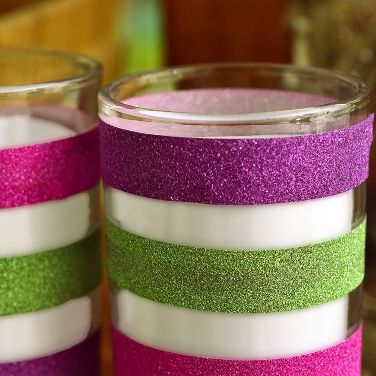 Glitter tape stripes on glass jars: pink, white, green metallic rolls