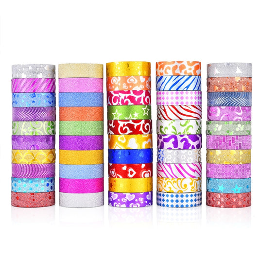 Glitter tape rolls assortment, cylindrical multicolor patterned stripes