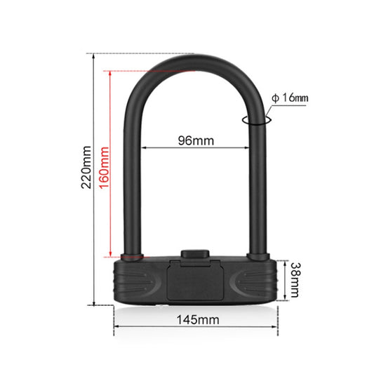 Black U-lock password padlock with labeled dimensions and 16mm shackle