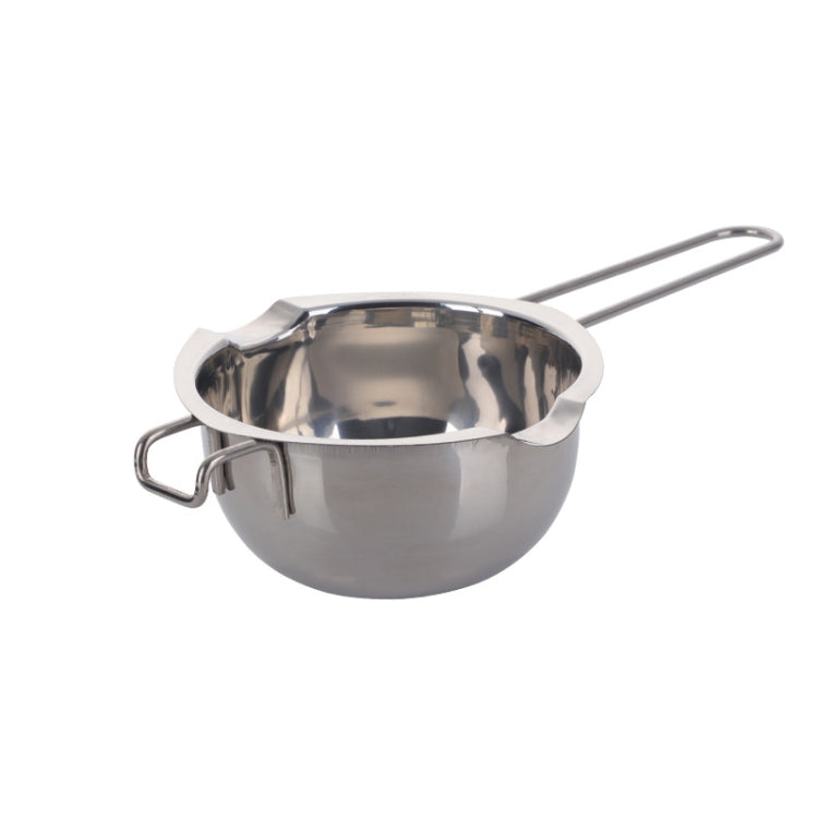 Stainless steel melting bowl with long handle and side loop grips, silver finish