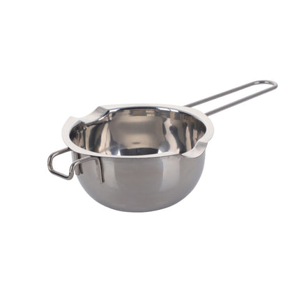 Stainless steel melting bowl with long handle and side loop grips, silver finish