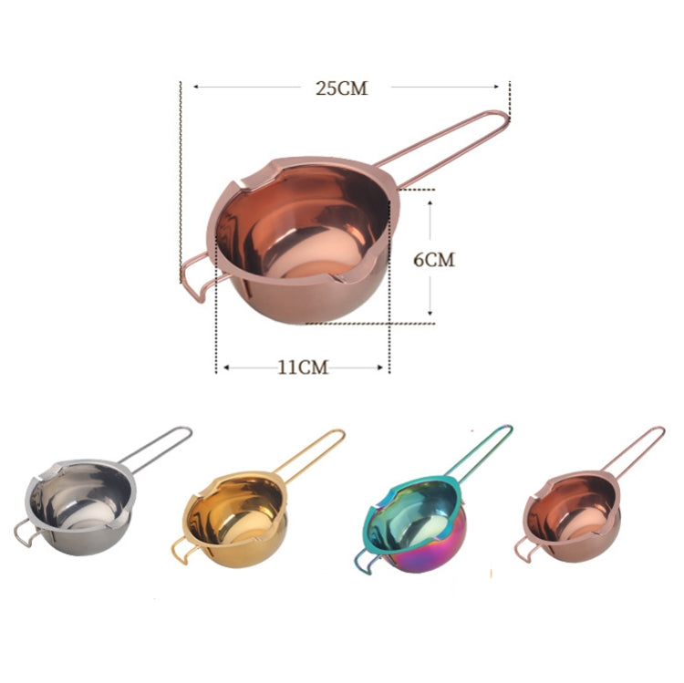 Rose gold stainless steel melting bowl with long handle and side loop grips