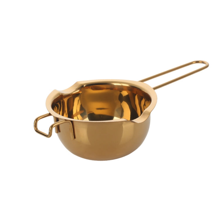 Gold stainless steel melting bowl with long handle and side loop grips