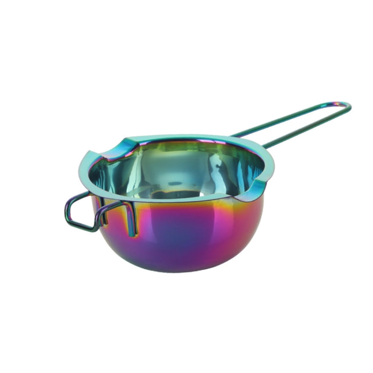 Iridescent rainbow stainless steel melting bowl with long handle and side loop grips